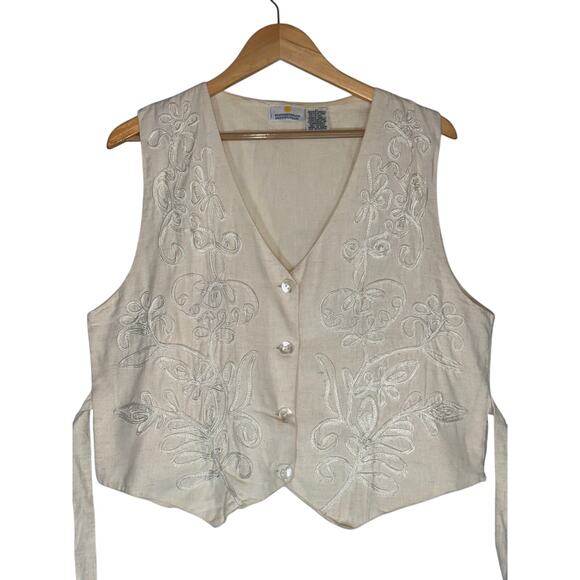 Vintage Jackets & Blazers - Vintage Smithsonian Institution Beige Cream Flax Vest Womens Large Embroidered